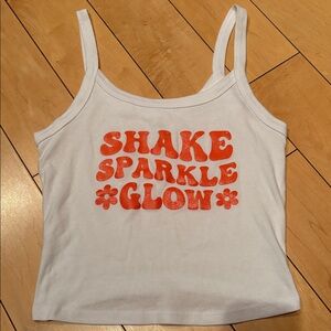 White Tank Top ( Crop ) with Orange Glitter 'Shake Sparkle Glow' Print